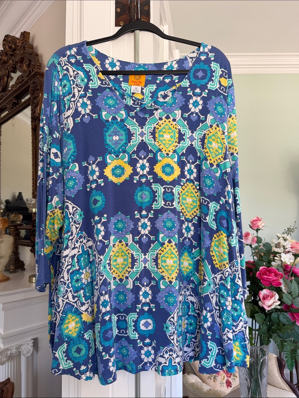 Yellow & Blue Patterned Women’s Tunic Top by Ruby Rd, size 2X